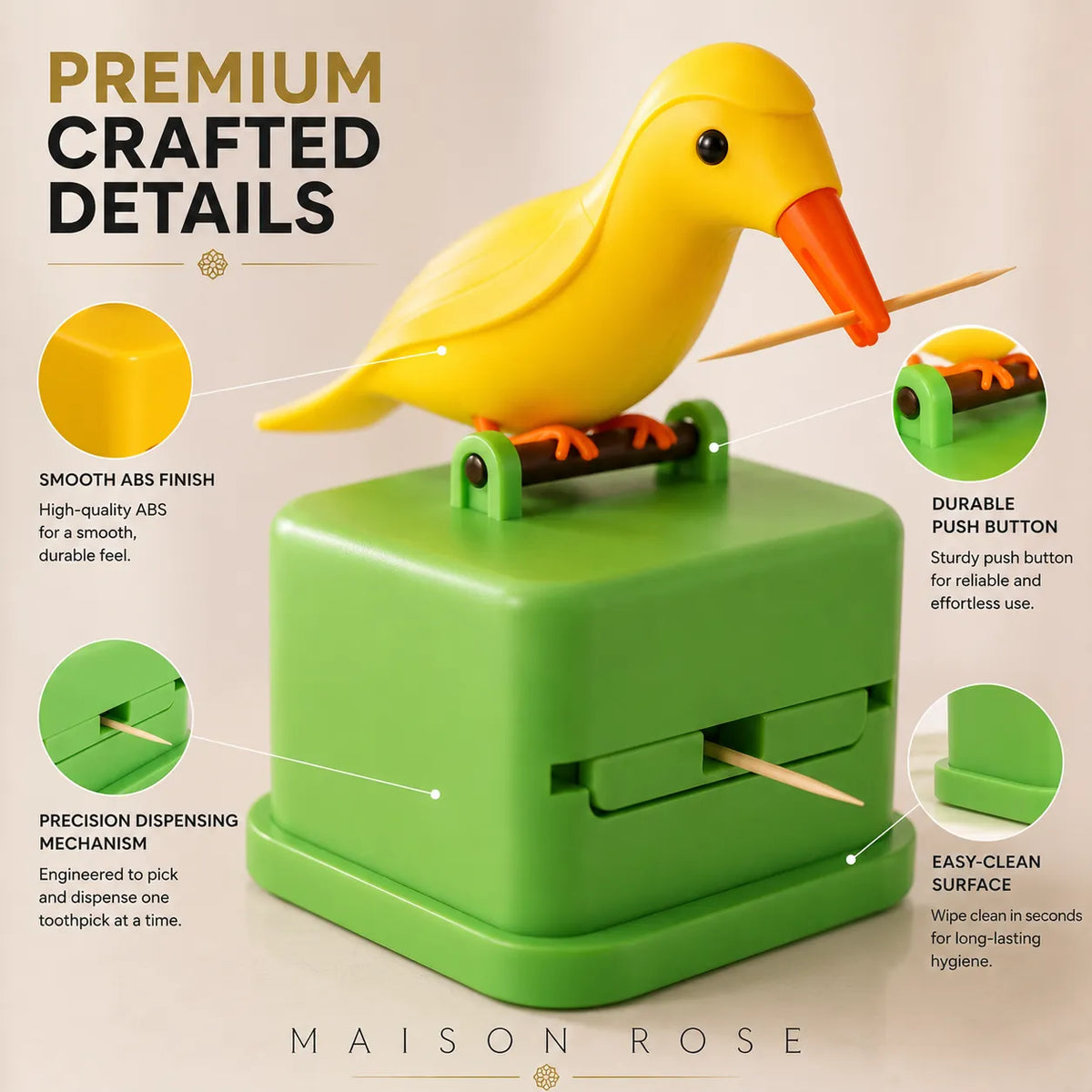 Toothpick Dispenser One-Touch Automatic Enclosed Dust-Free Storage