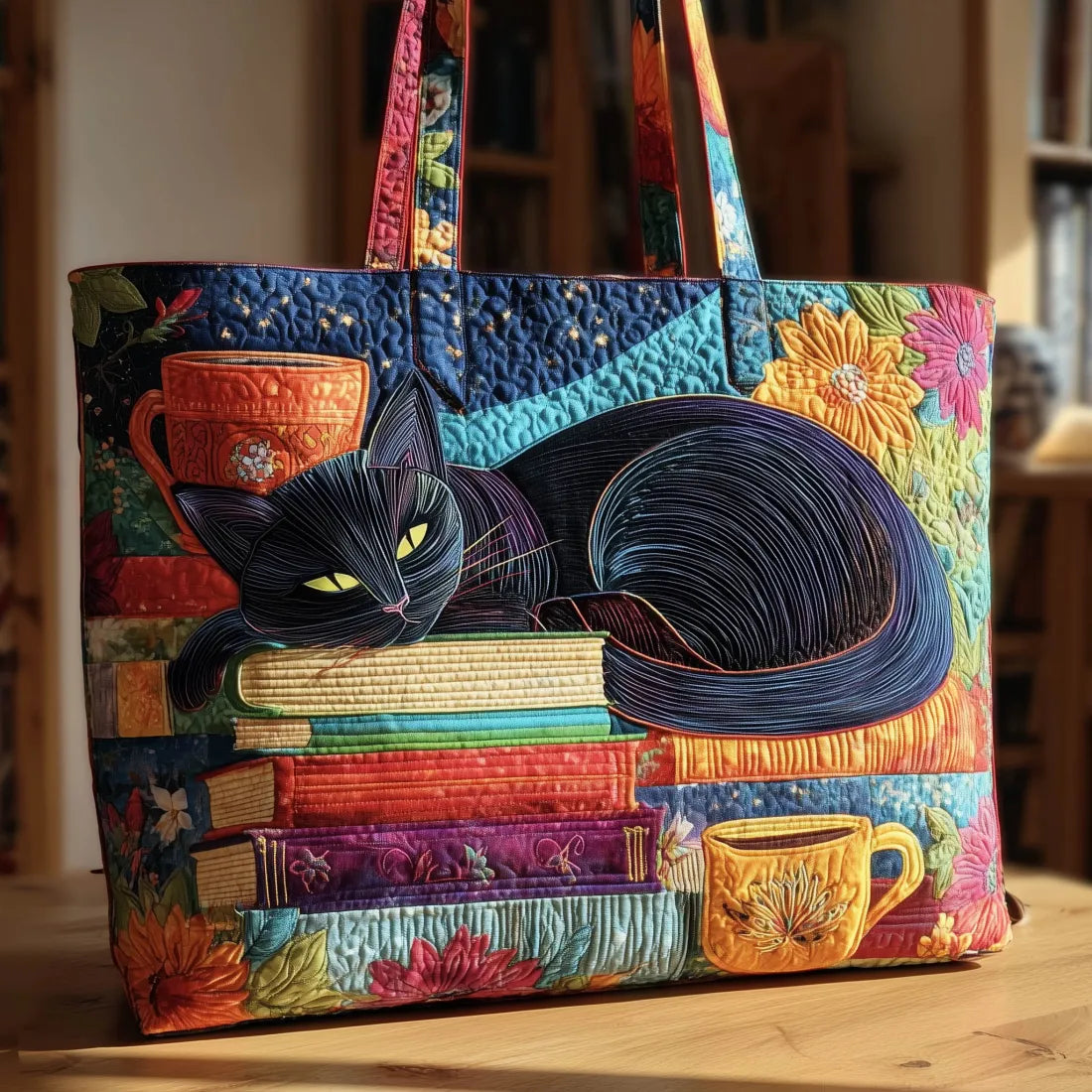 Tote Bag Quilted Cotton Blend Black Cat Print