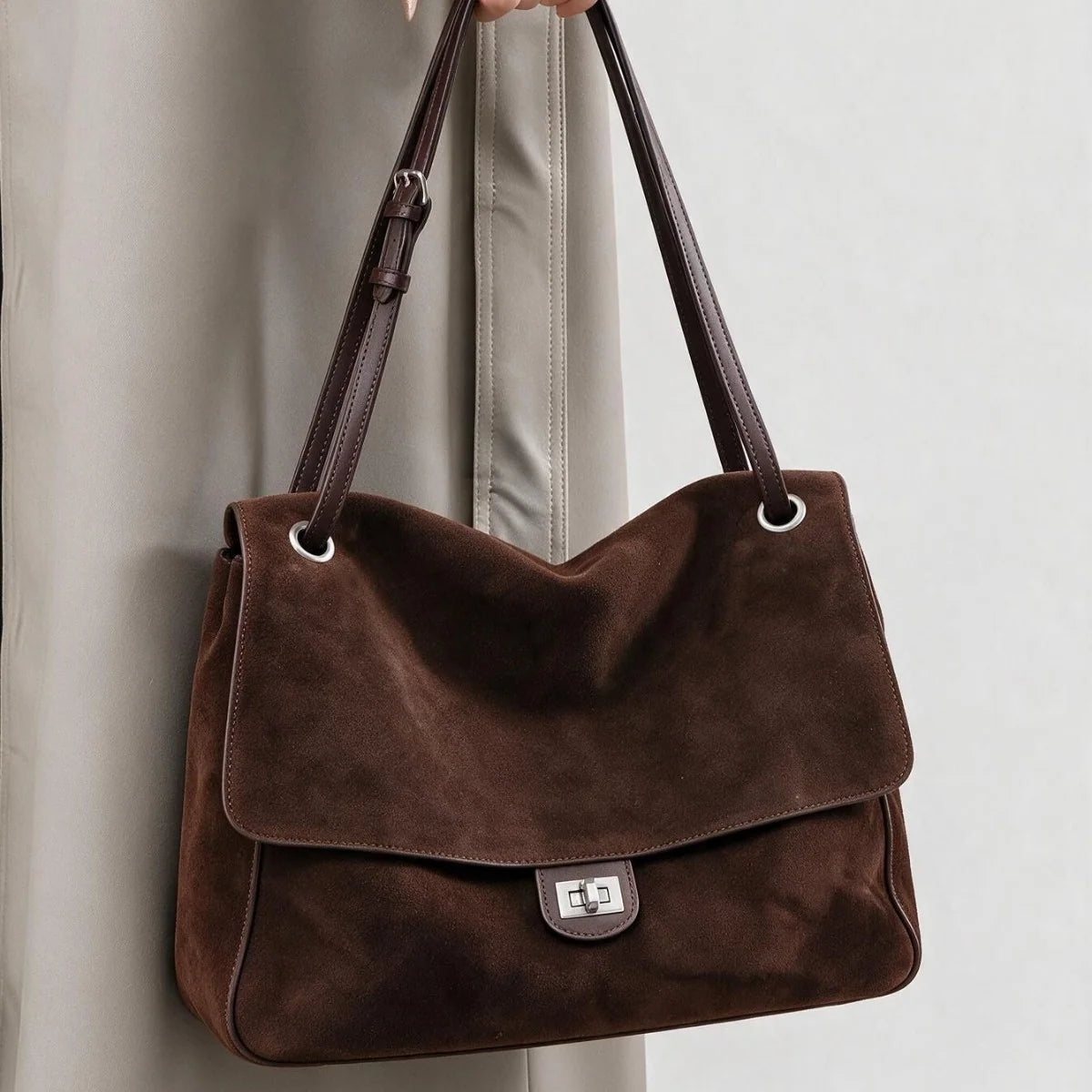 Tote Bag Suede Adjustable Strap Turn-Lock Closure