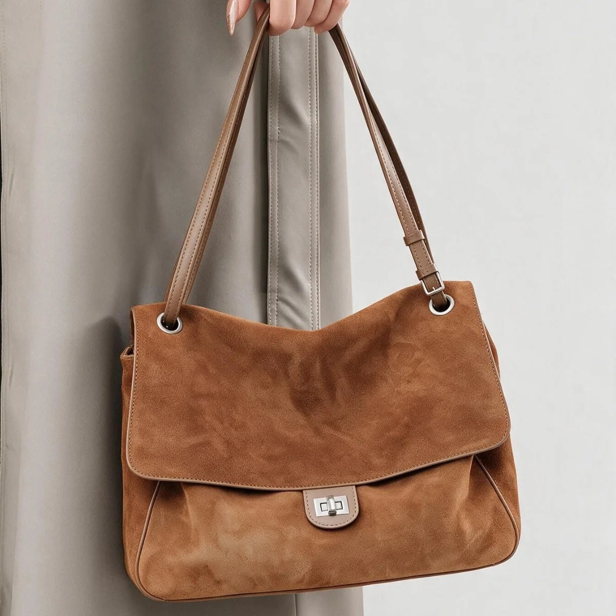Tote Bag Suede Adjustable Strap Turn-Lock Closure