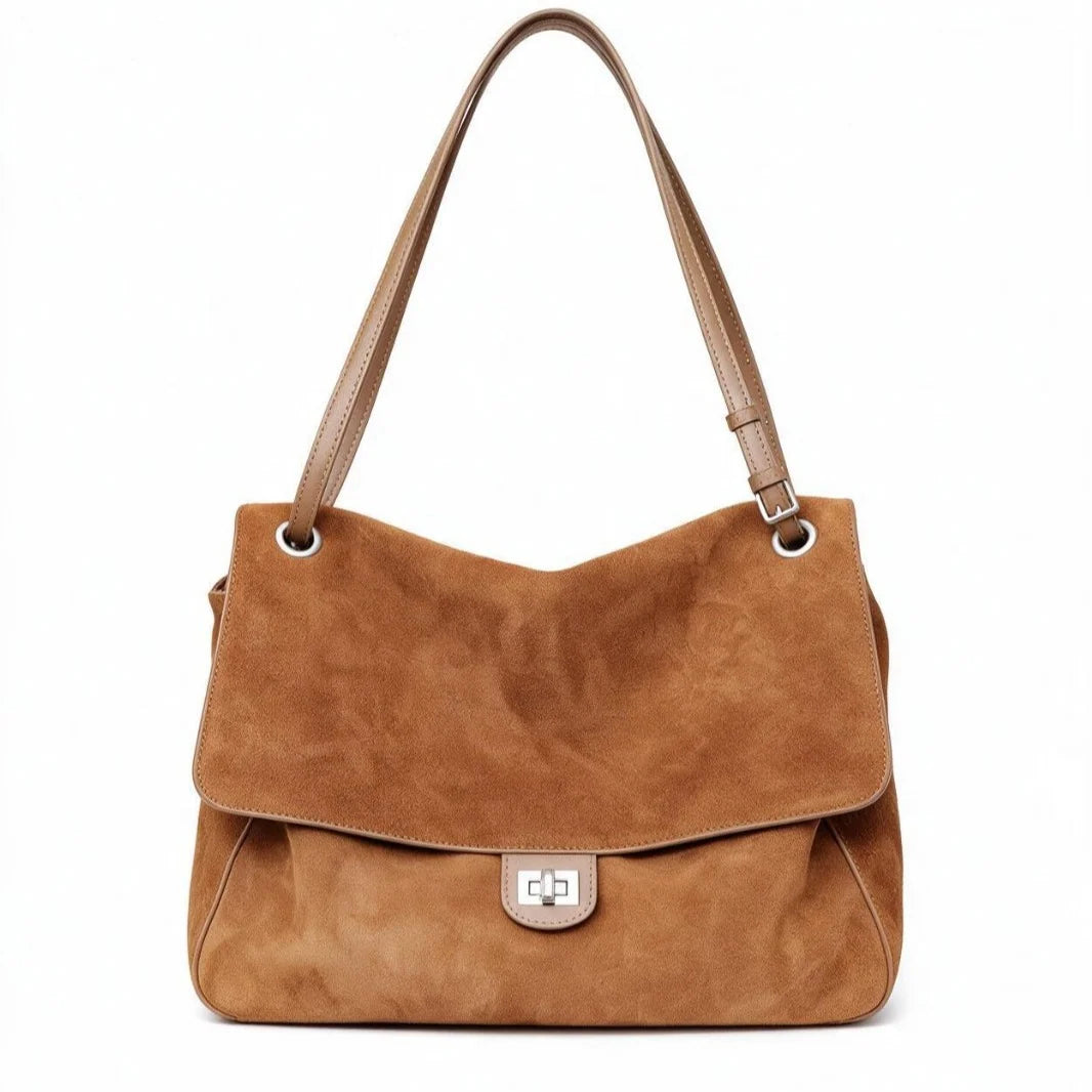 Tote Bag Suede Adjustable Strap Turn-Lock Closure