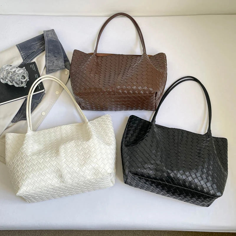 Tote Bag Woven Leather Matching Zipper Pouch Spacious Interior