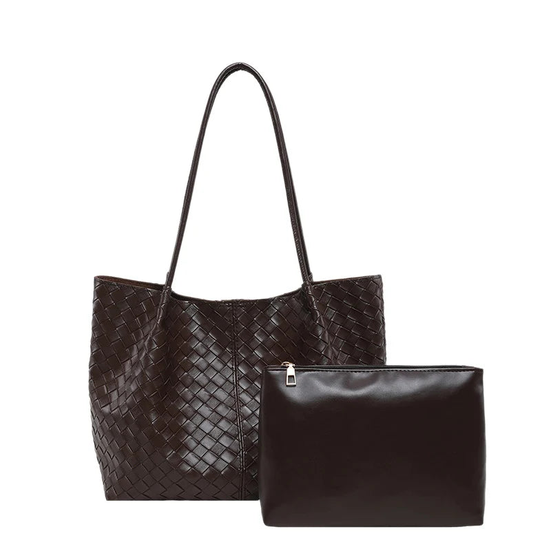 Tote Bag Woven Leather Matching Zipper Pouch Spacious Interior