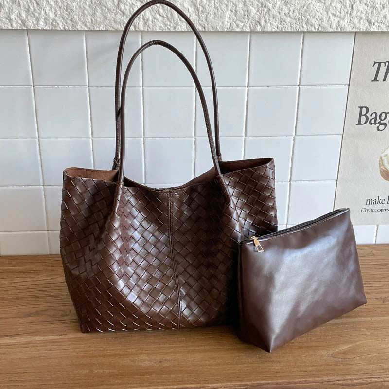 Tote Bag Woven Leather Matching Zipper Pouch Spacious Interior