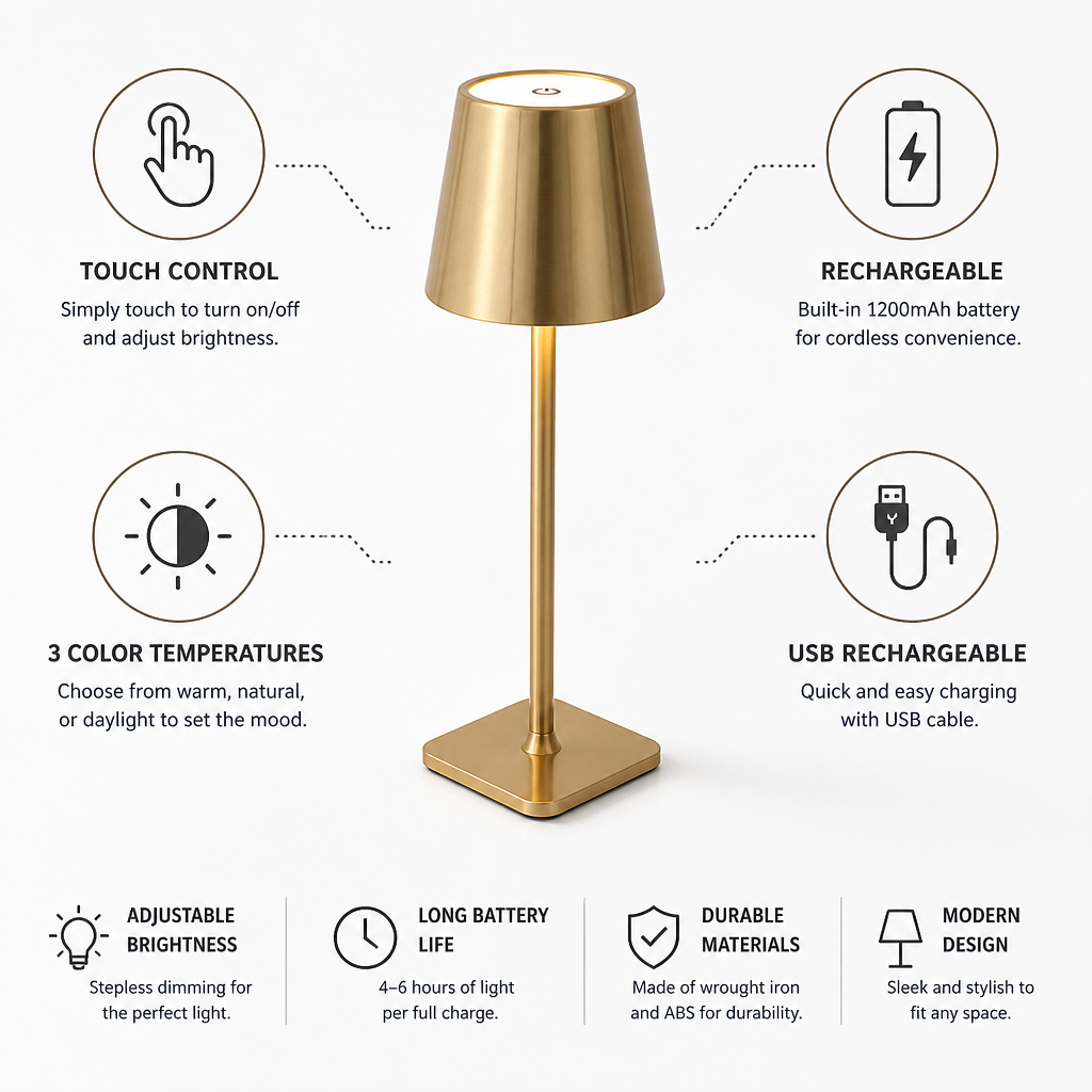 Touch Dimmable & USB Rechargeable LED Table Lamp