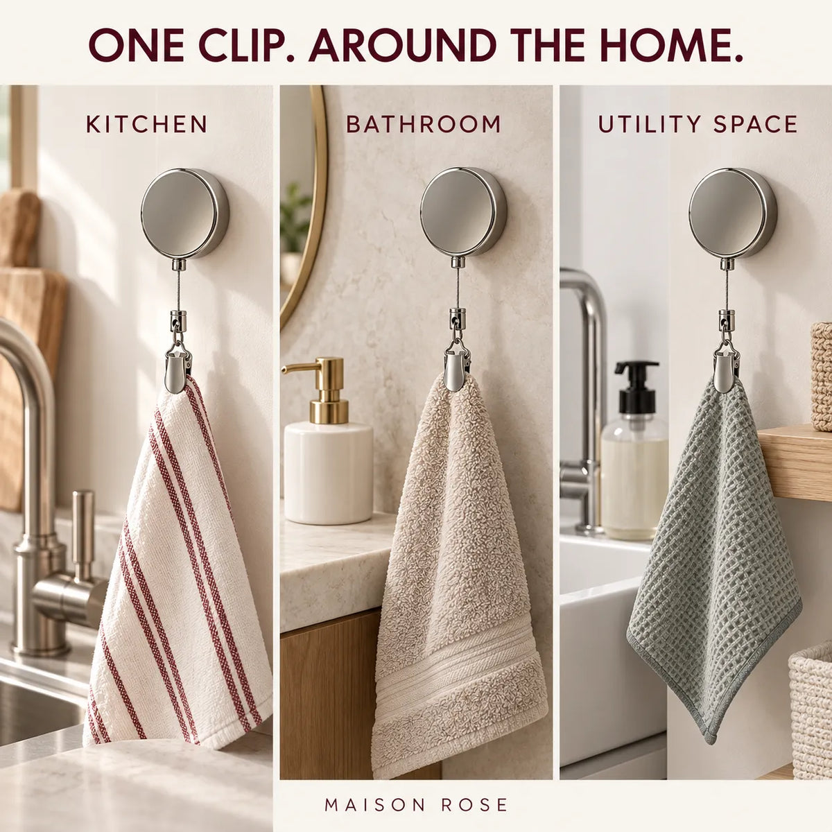Towel Clip Retractable Cable No-Drill Installation