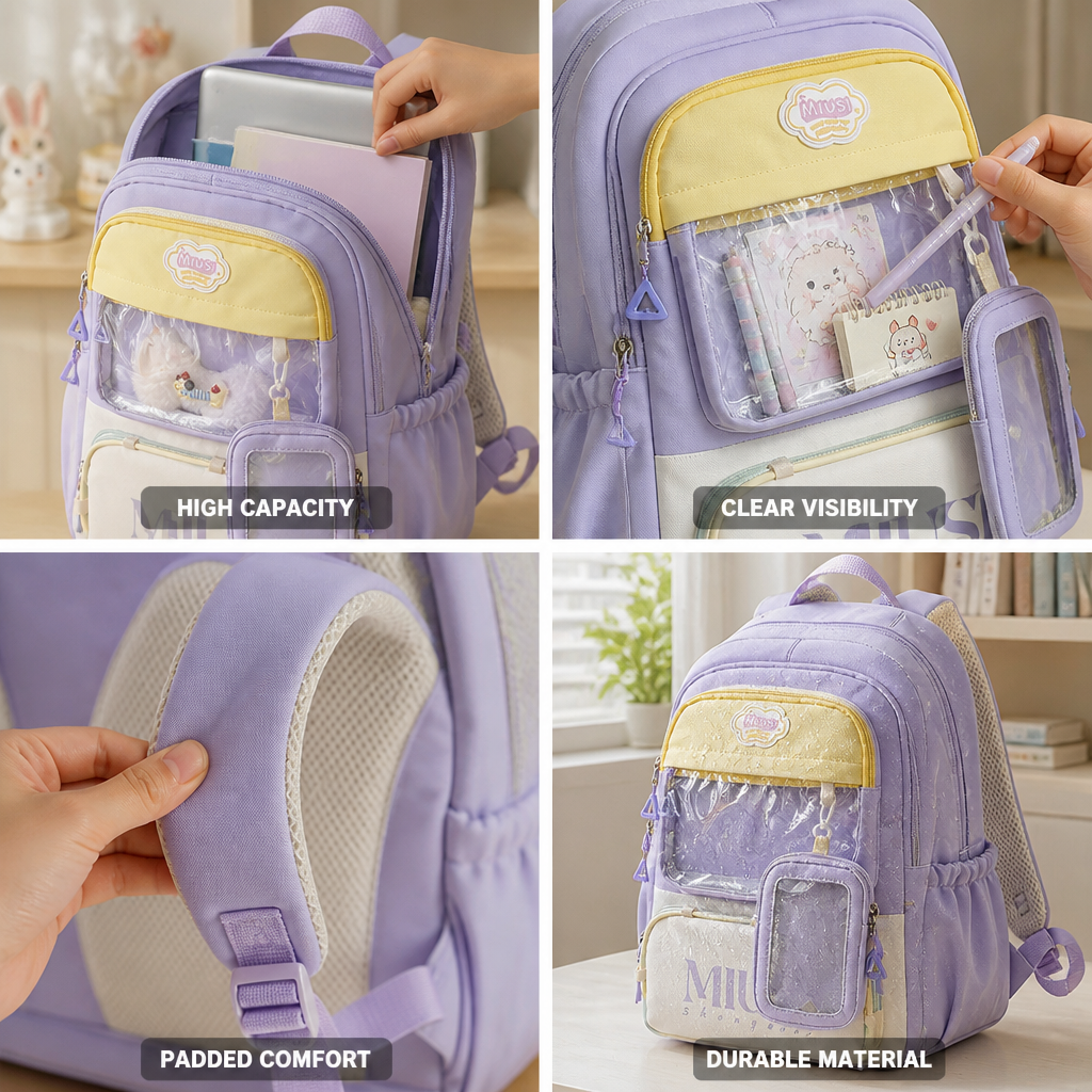 Transparent Front Pocket Kids Backpack (Padded Straps)