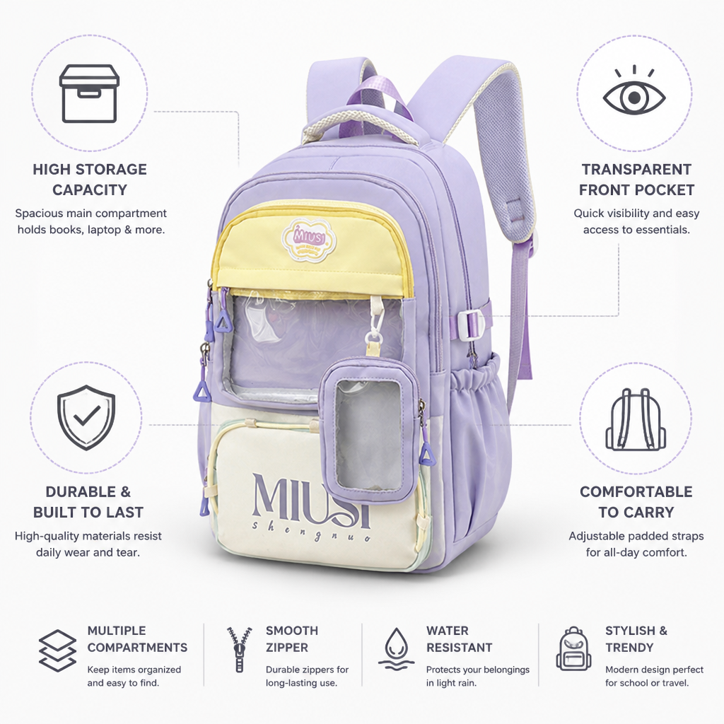 Transparent Front Pocket Kids Backpack (Padded Straps)