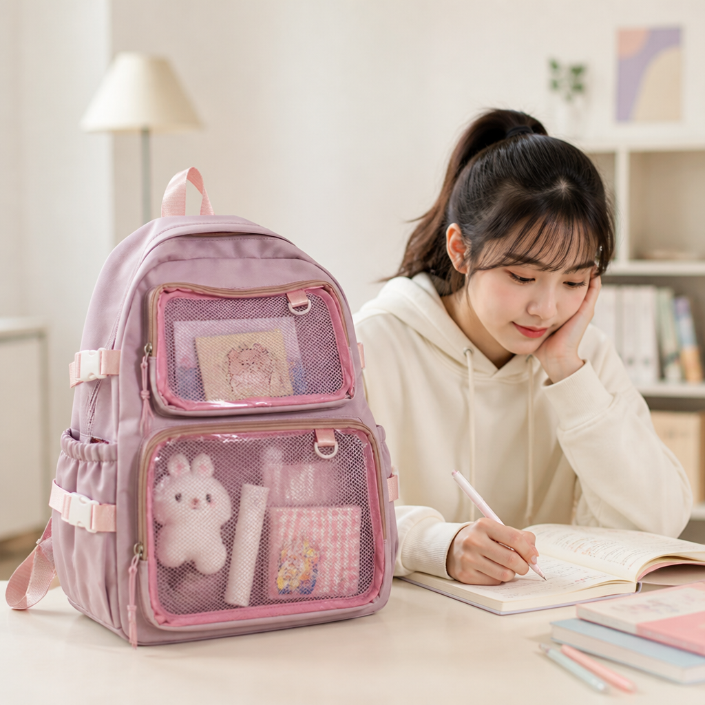 Transparent Mesh Multi-Compartment School Backpack