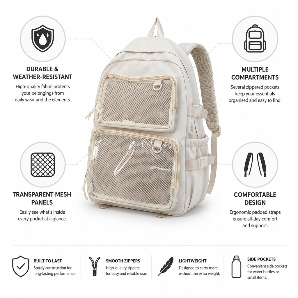 Transparent Mesh Multi-Compartment School Backpack