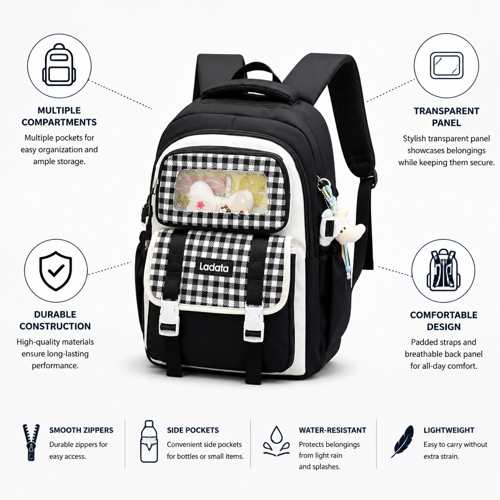 Transparent Panel Multi-Compartment Kids School Backpack