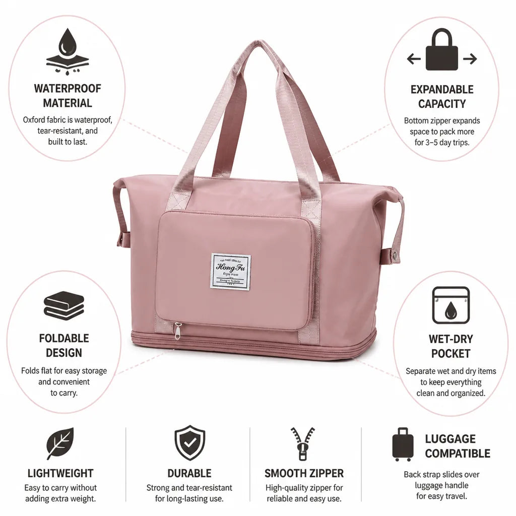 Travel Bag Foldable Waterproof Expandable Bottom & Wet-Dry Pocket