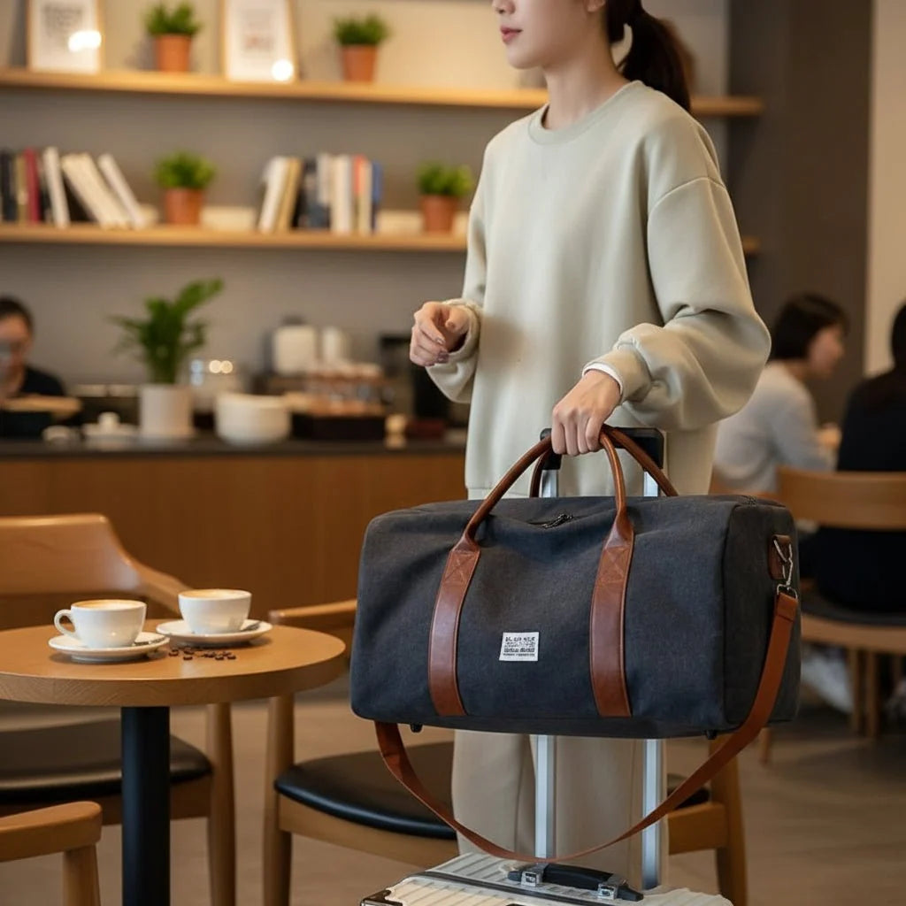 Travel Bag Washed Canvas Multiple Pockets Adjustable Shoulder Strap
