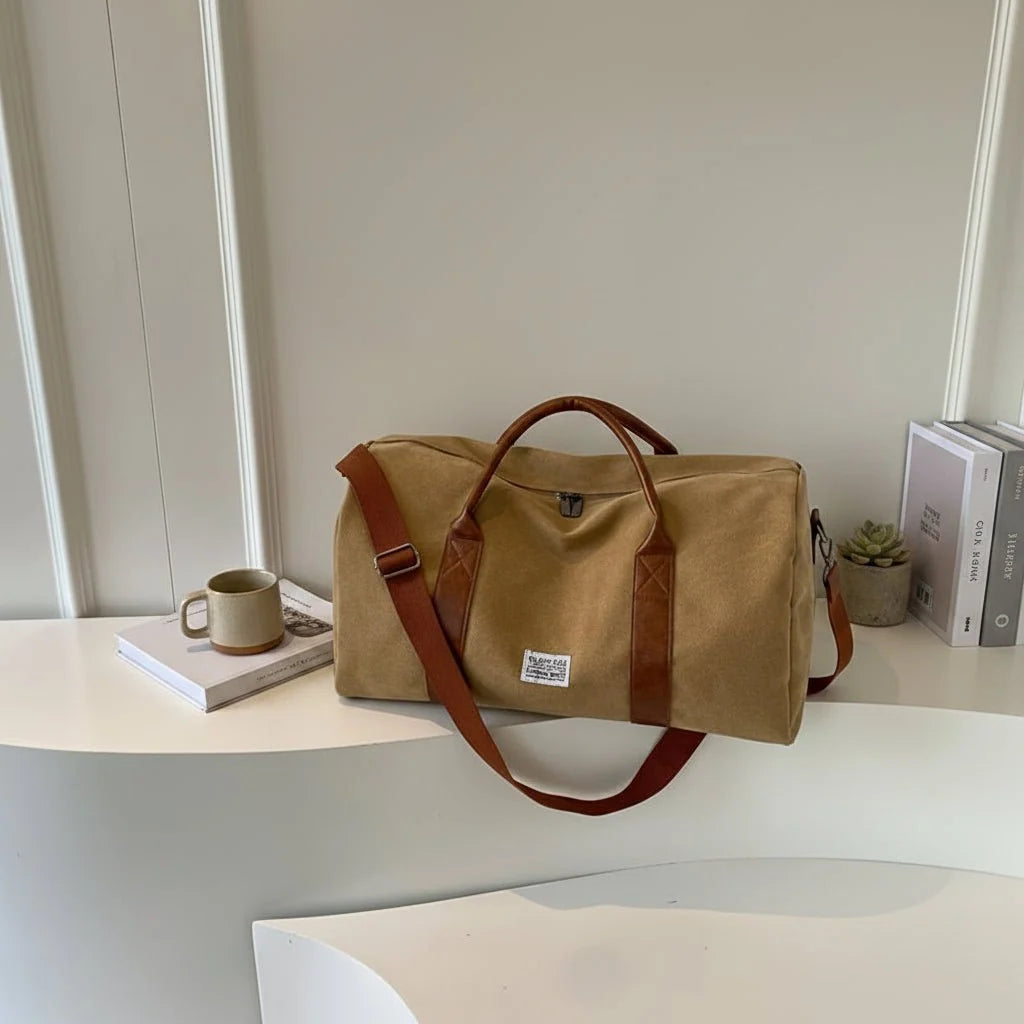 Travel Bag Washed Canvas Multiple Pockets Adjustable Shoulder Strap
