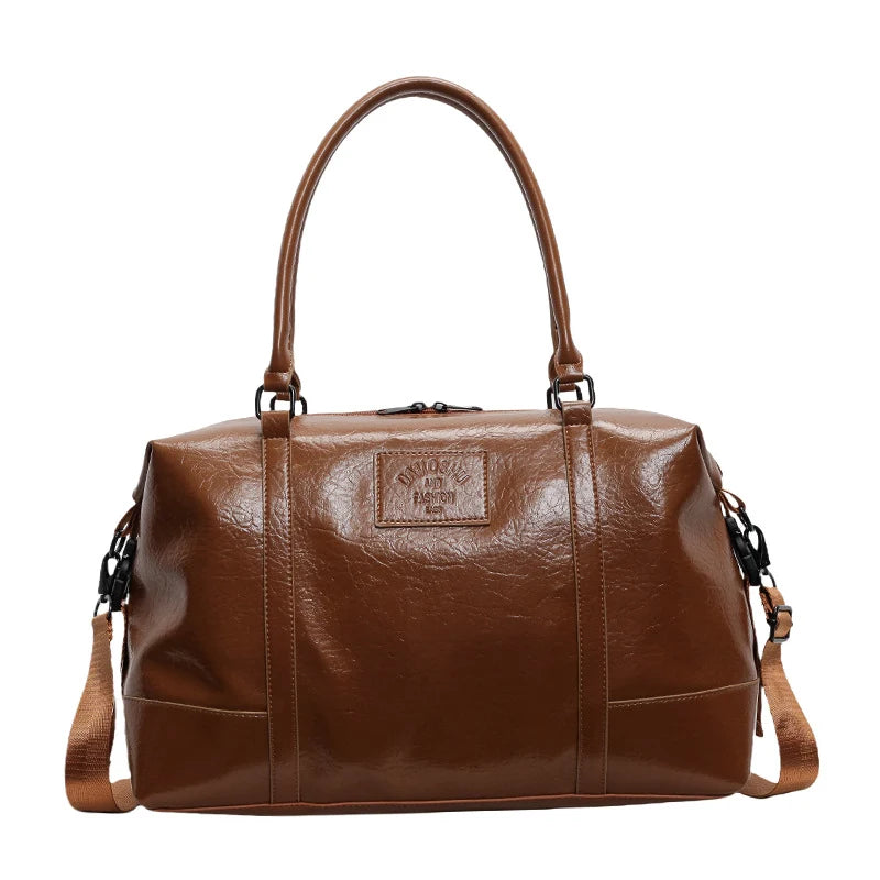 Travel Duffle Bag Leather Adjustable Strap Multiple Pockets
