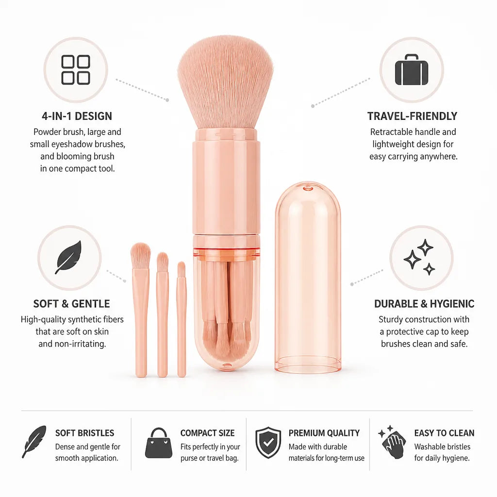 Travel Makeup Brush 4-in-1 Retractable Handle Soft Bristles