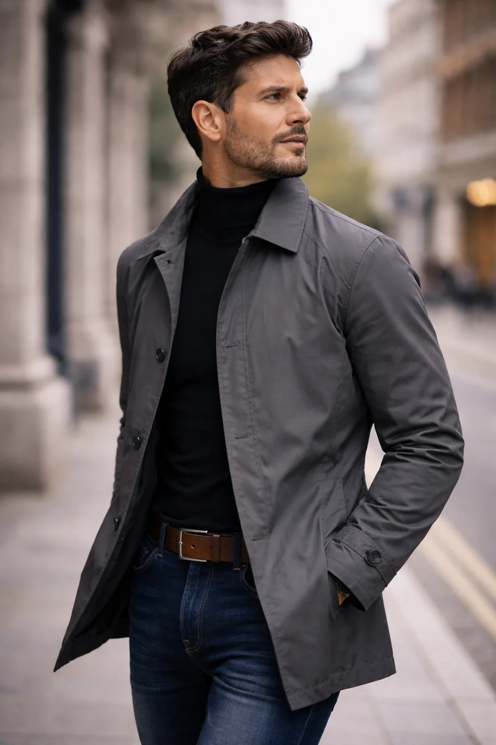 Trench Jacket Button-Front Mid-Thigh Length Slanted Pockets