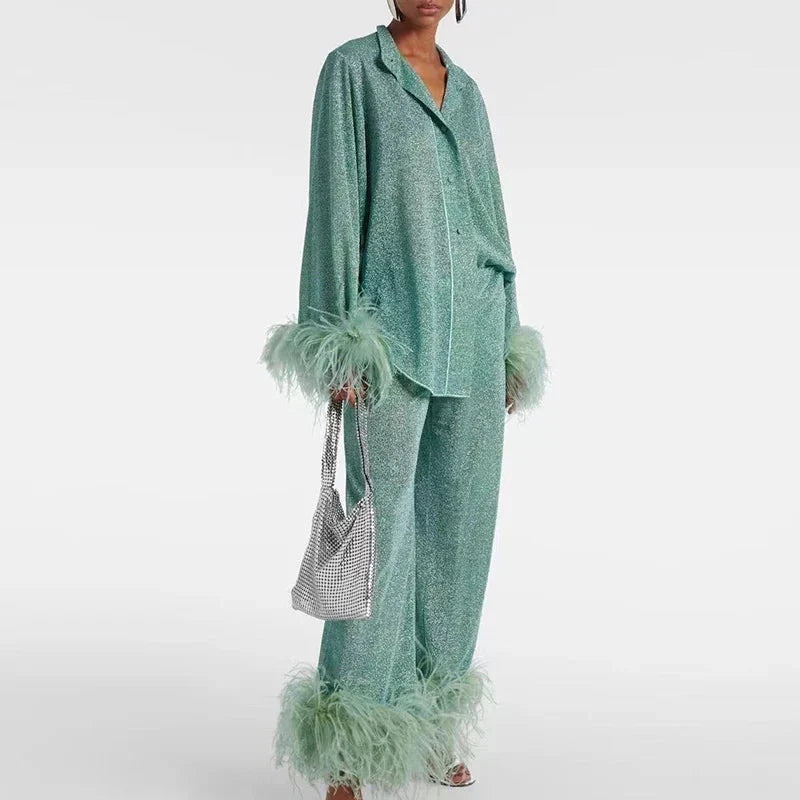 Two-Piece Set Glitter Finish Feather Trim Wide-Leg Pants