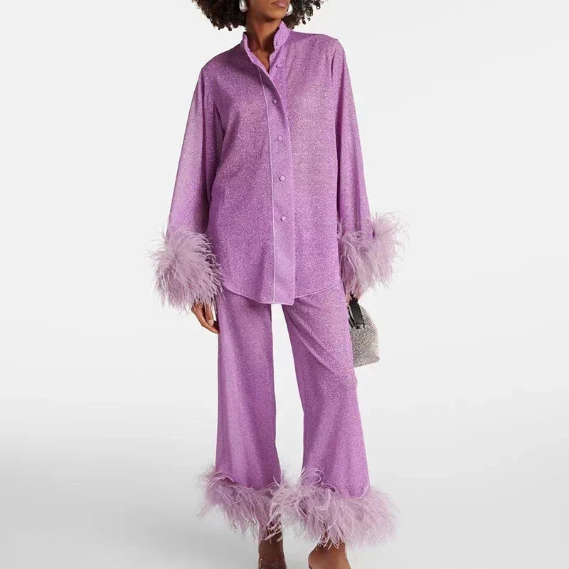 Two-Piece Set Glitter Finish Feather Trim Wide-Leg Pants
