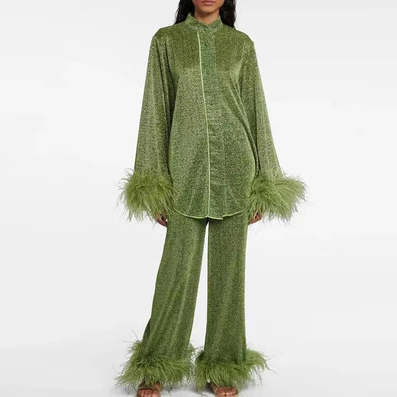 Two-Piece Set Glitter Finish Feather Trim Wide-Leg Pants
