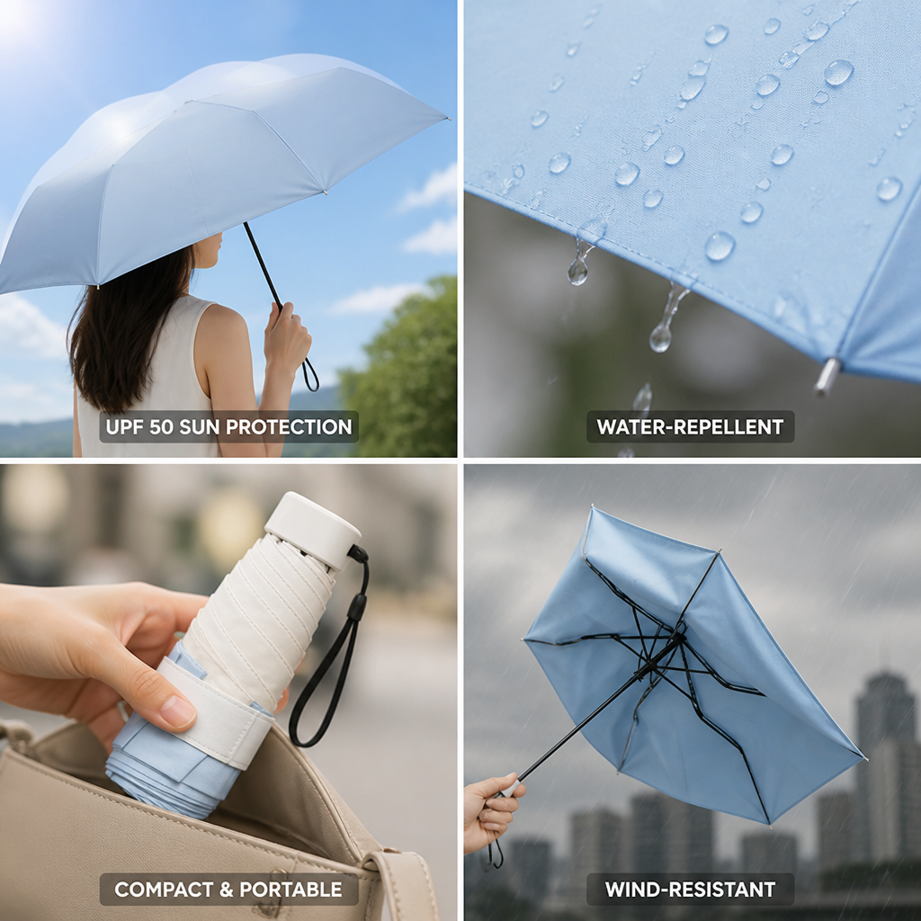 UPF 50 Water-Repellent & Wind-Resistant Travel Umbrella