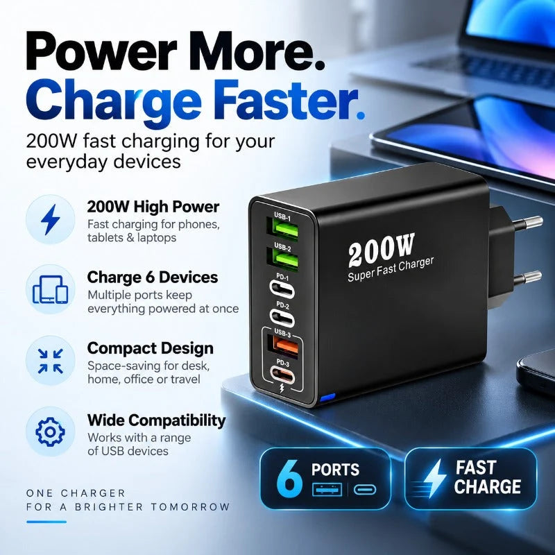 USB Charger 200W Six-Port USB-A & USB-C Fast Charging