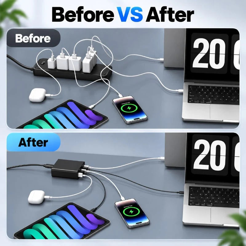 USB Charger 200W Six-Port USB-A & USB-C Fast Charging