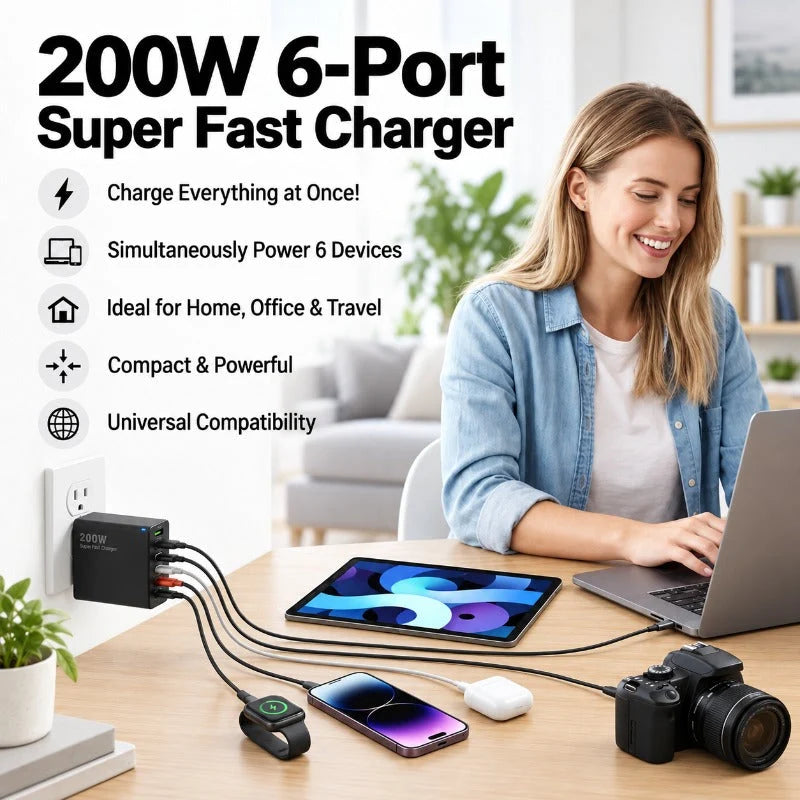 USB Charger 200W Six-Port USB-A & USB-C Fast Charging