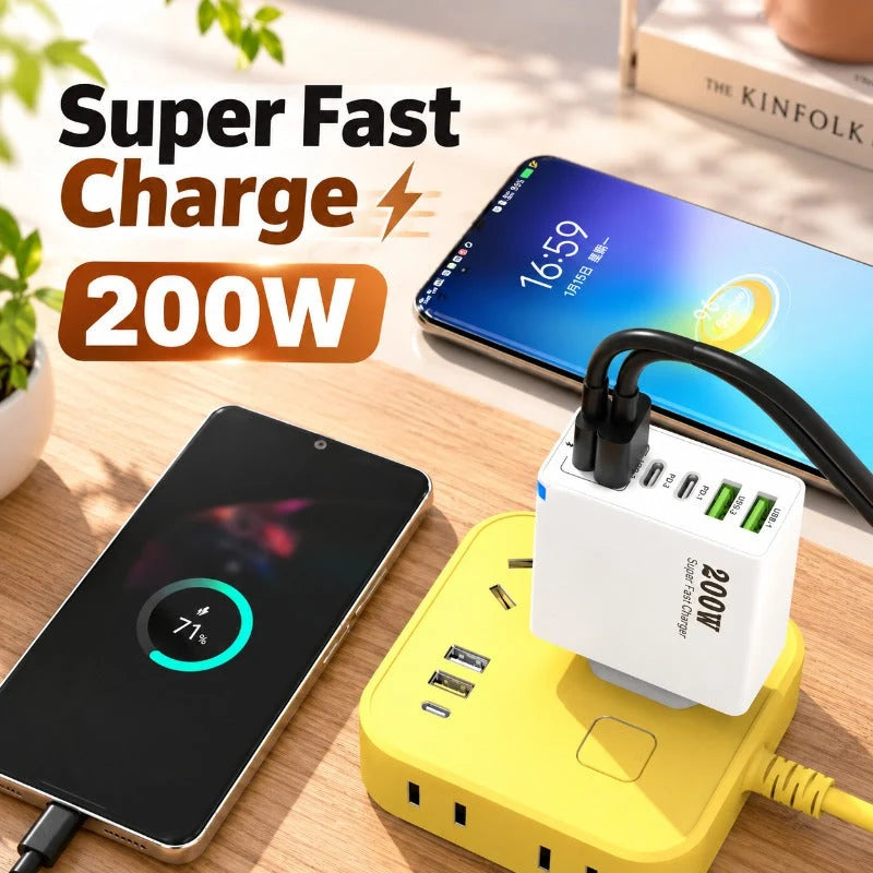 USB Charger 200W Six-Port USB-A & USB-C Fast Charging