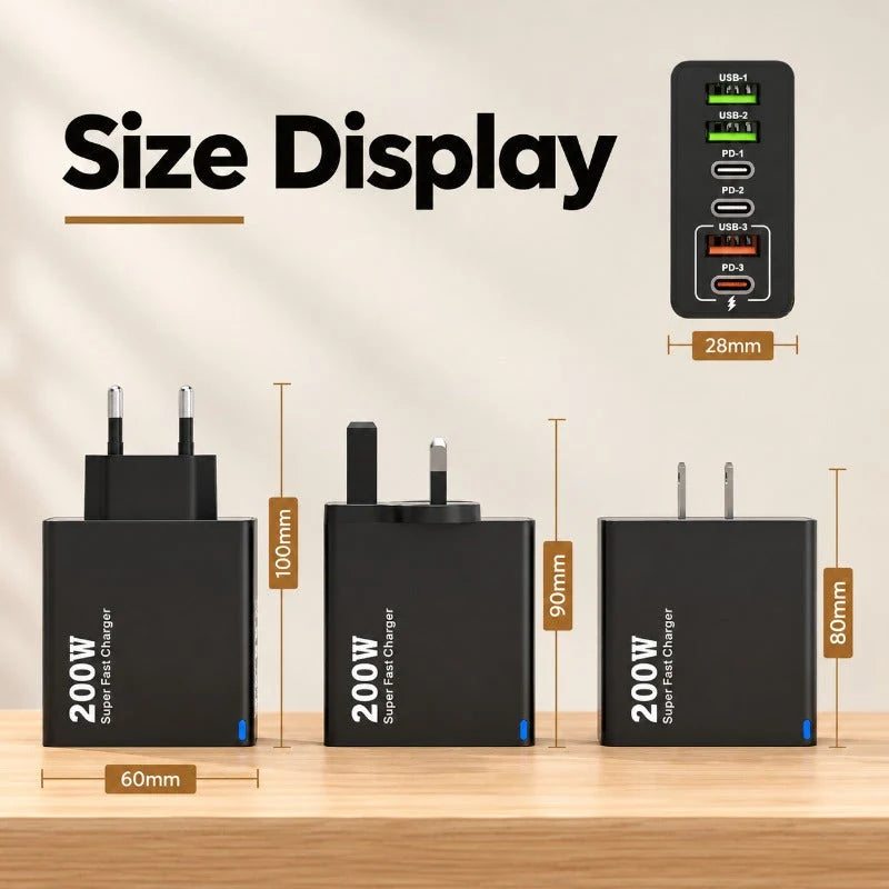 USB Charger 200W Six-Port USB-A & USB-C Fast Charging