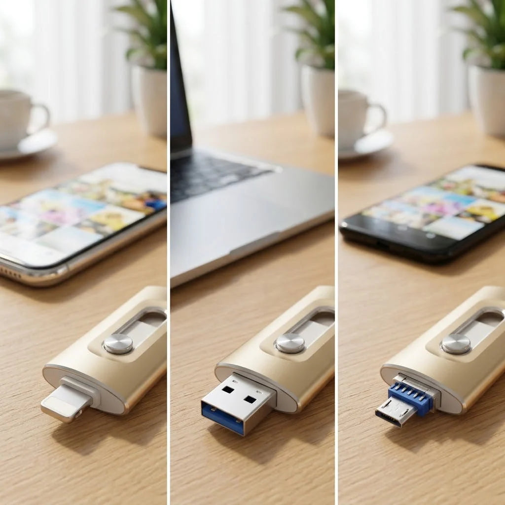 USB Flash Drive 3-in-1 Lightning USB-C & USB-A Connectors
