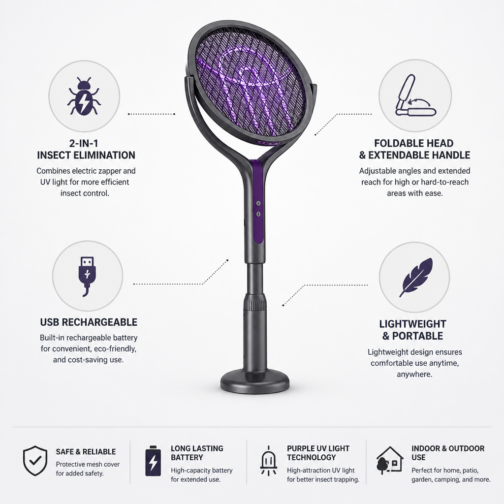 USB-Rechargeable Extendable Insect Zapper (Foldable Head)
