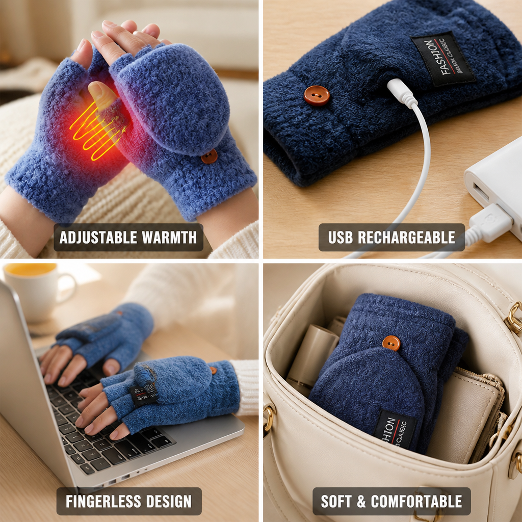 USB Rechargeable Heated Fingerless Gloves (3 Heat Levels)