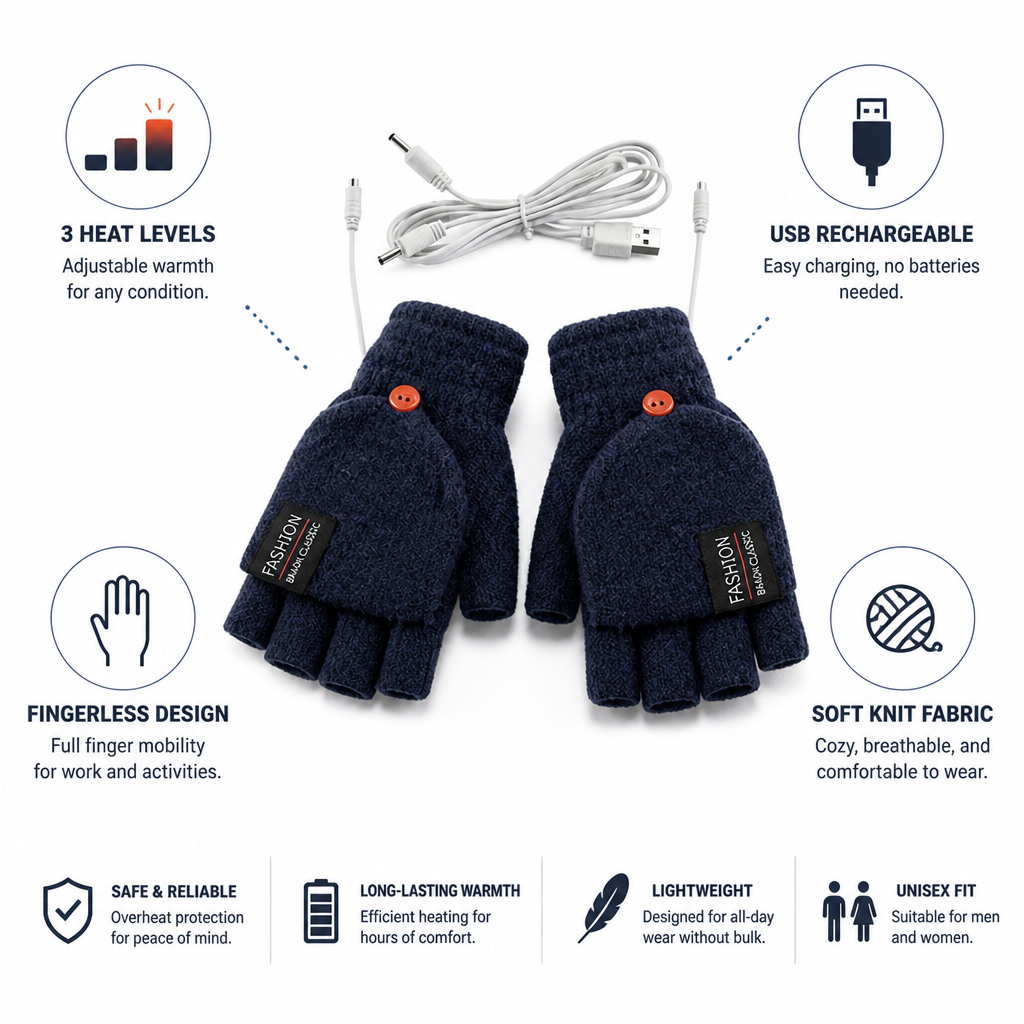 USB Rechargeable Heated Fingerless Gloves (3 Heat Levels)