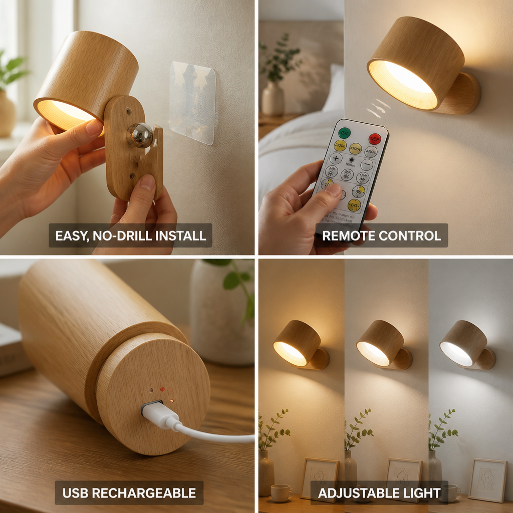 USB-Rechargeable Remote-Controlled Dimmable Wall Light (No-Drill Adhesive Mount)