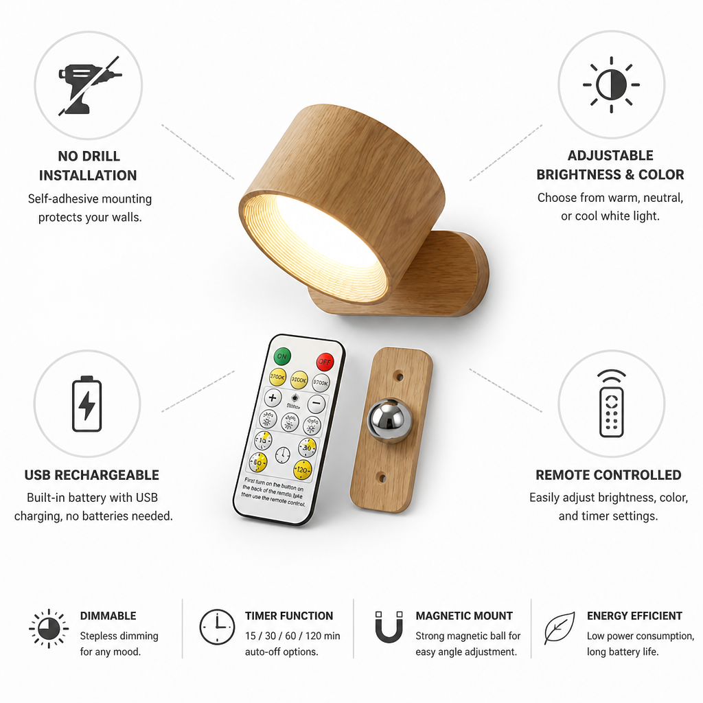 USB-Rechargeable Remote-Controlled Dimmable Wall Light (No-Drill Adhesive Mount)