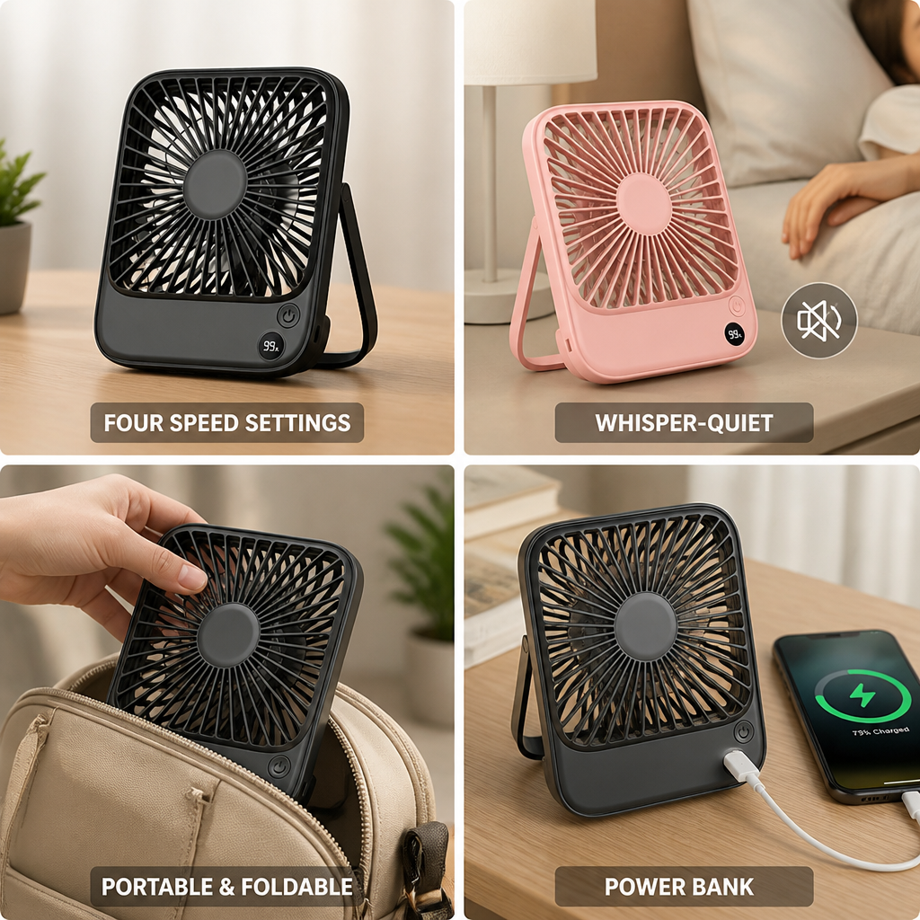 USB-Rechargeable Whisper-Quiet Foldable Desk Fan (Power Bank)