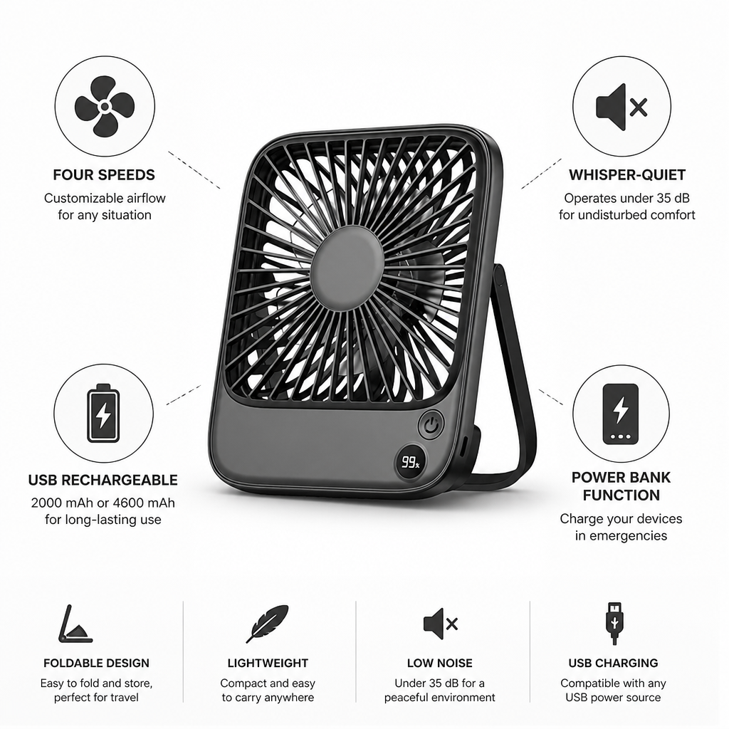 USB-Rechargeable Whisper-Quiet Foldable Desk Fan (Power Bank)