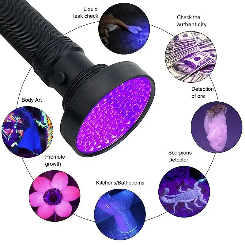 UV Flashlight 100 LEDs Aluminum Body 100m Range