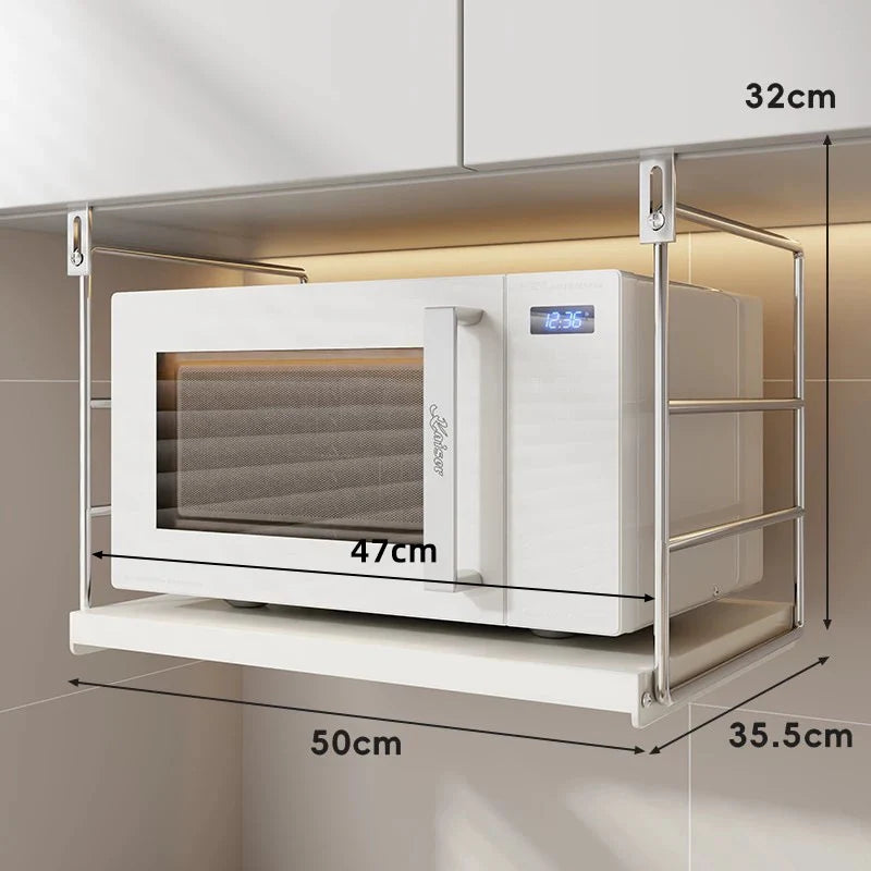 Under-Cabinet Microwave Shelf Stainless Steel With Drawer & Adjustable Hooks