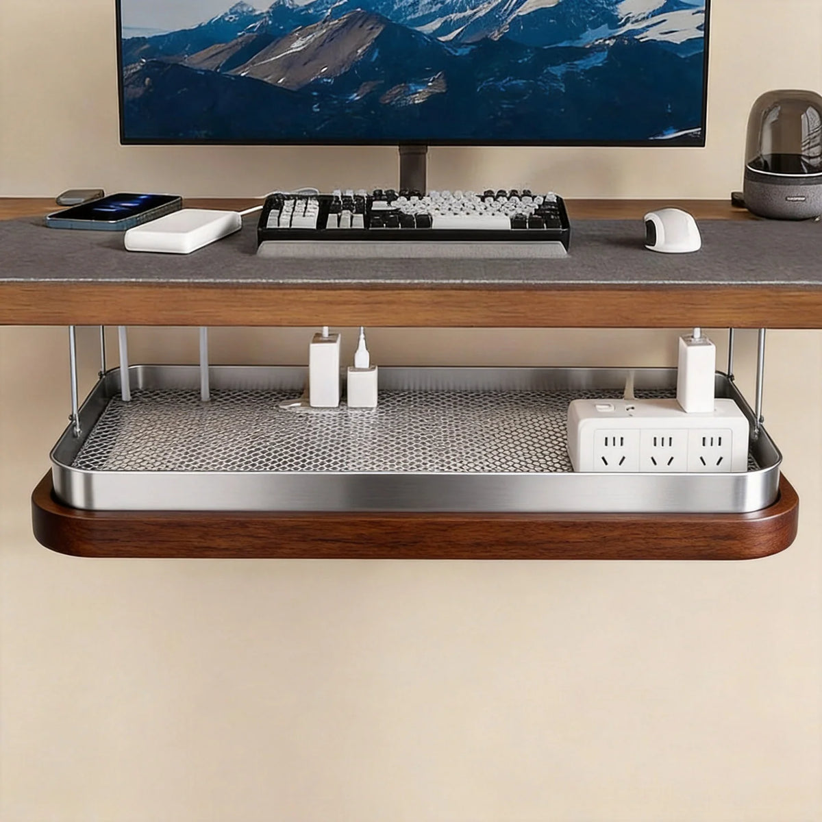 Under-Desk Cable Management Tray Adjustable Clamp Mount