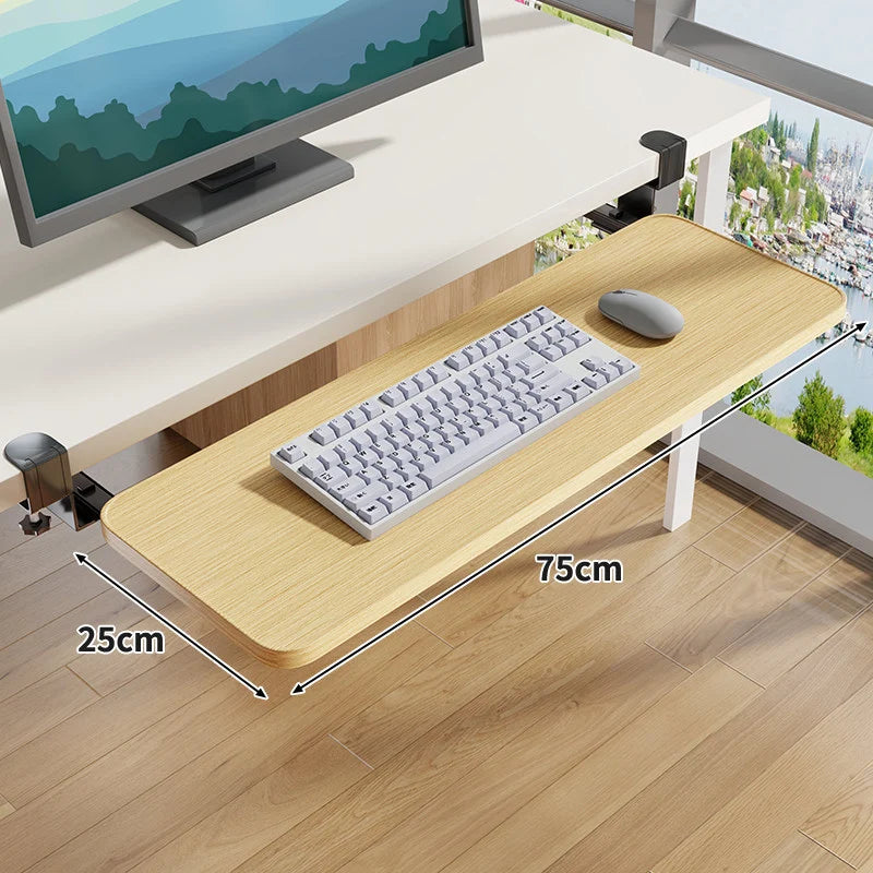 Under-Desk Keyboard Tray Wooden Pull-Out Clamp-On No-Drill Mount