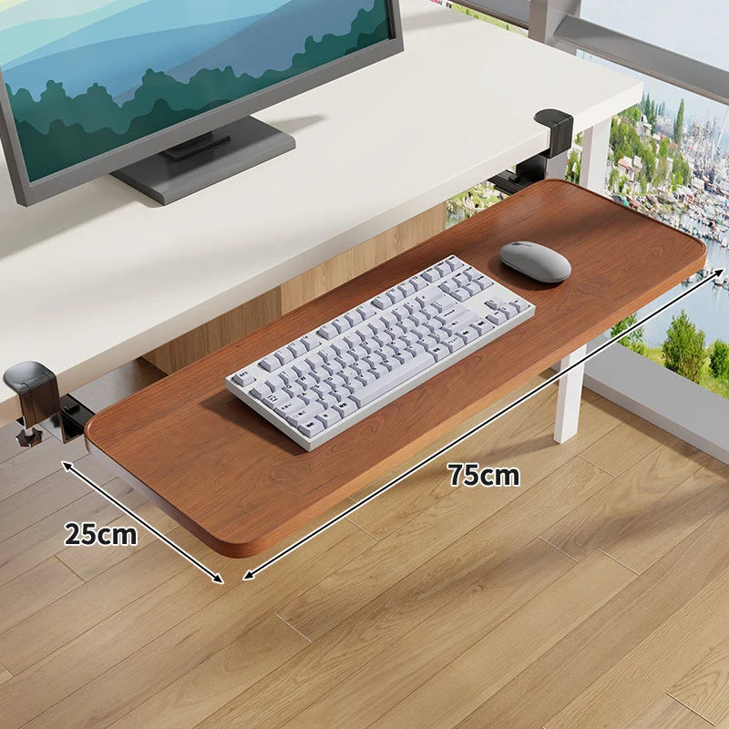 Under-Desk Keyboard Tray Wooden Pull-Out Clamp-On No-Drill Mount