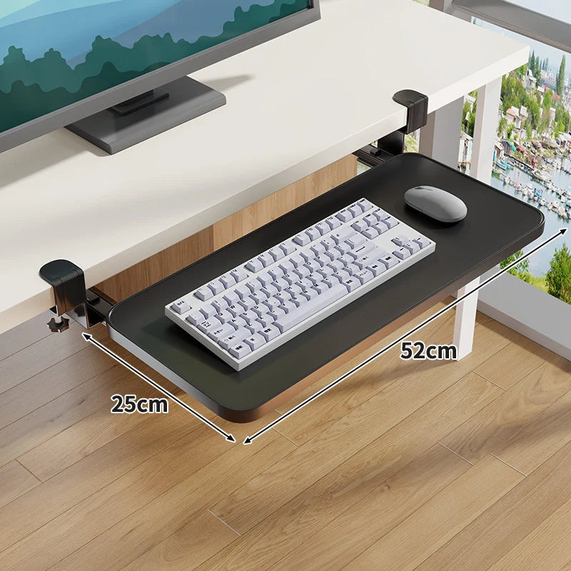 Under-Desk Keyboard Tray Wooden Pull-Out Clamp-On No-Drill Mount