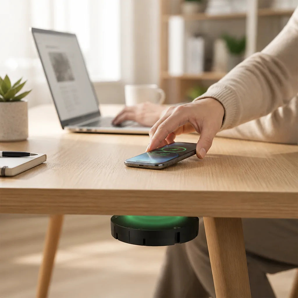 Under-Desk Wireless Charger Hidden Mounting Through Wood & Stone