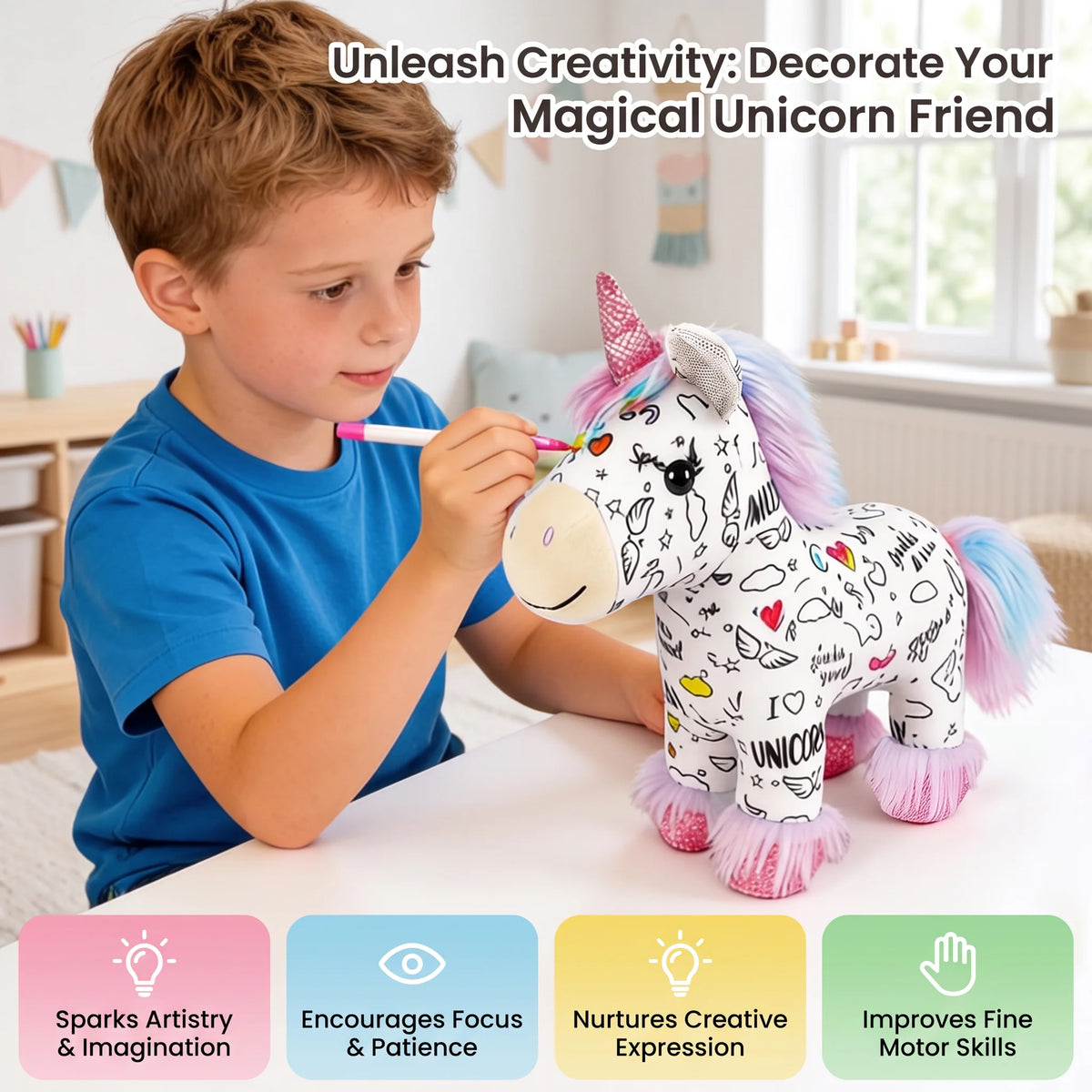 Unicorn Plush Toy Washable Colour-Your-Own 12 Markers Included
