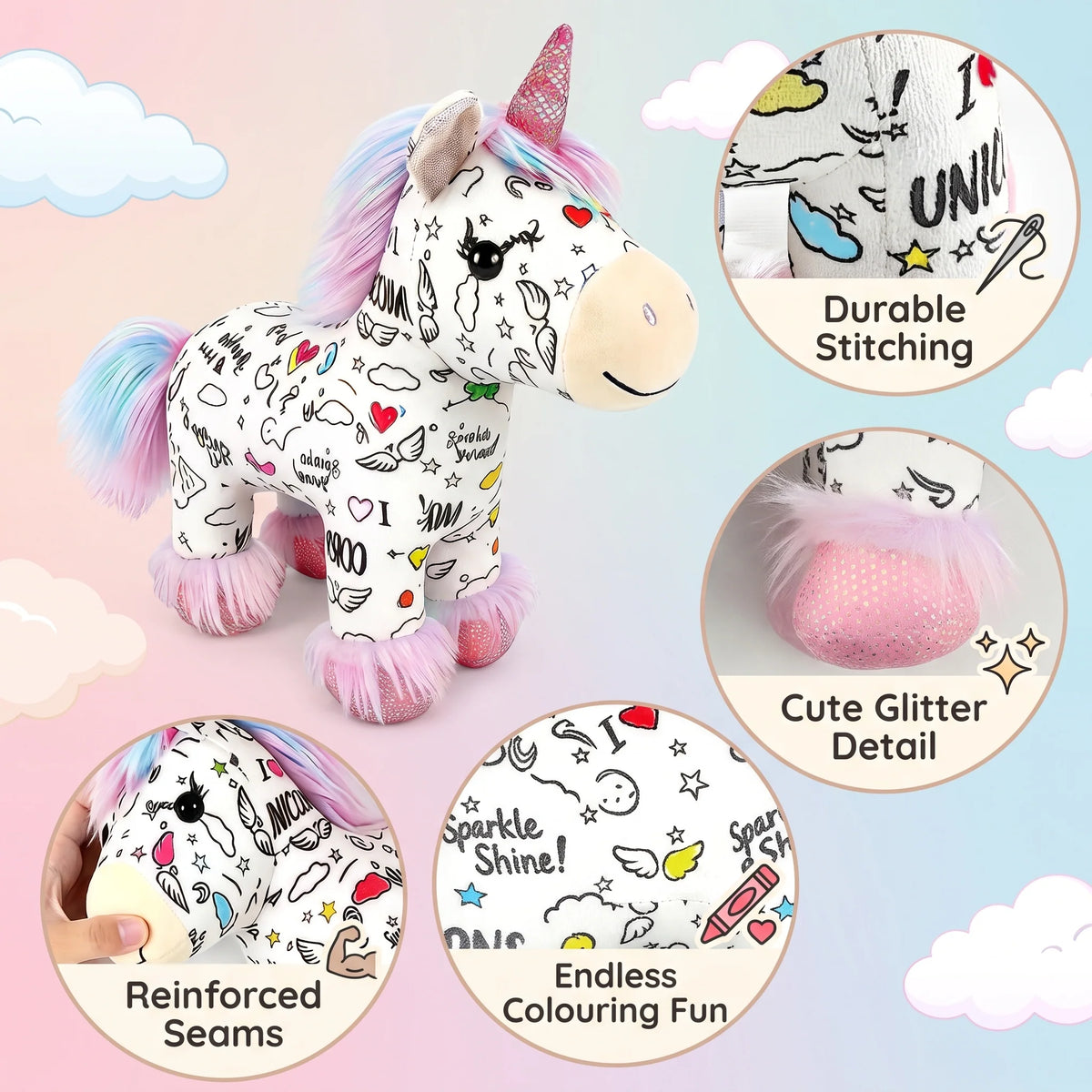 Unicorn Plush Toy Washable Colour-Your-Own 12 Markers Included