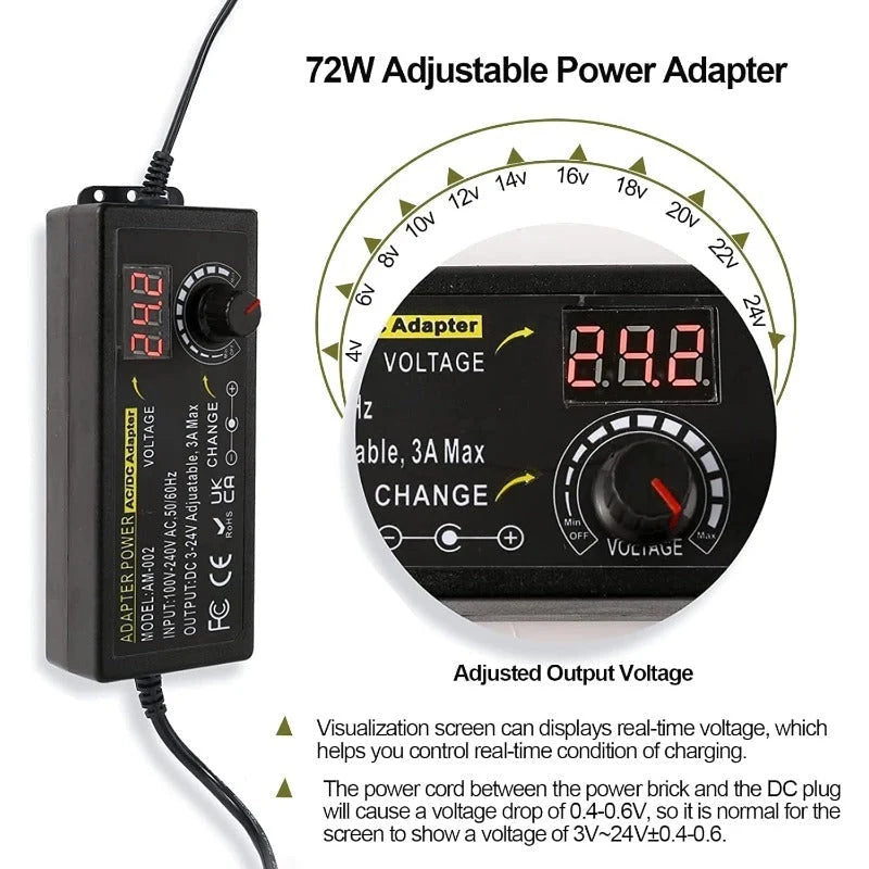 Universal Power Adapter Adjustable Voltage LED Display 15 Tips