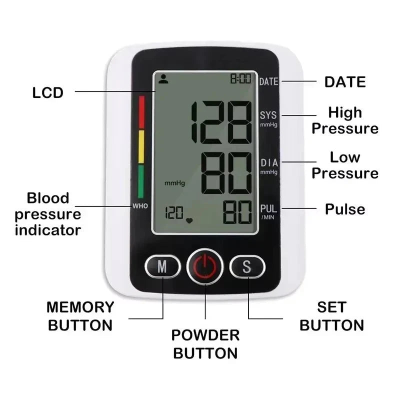 Upper Arm Blood Pressure Monitor Backlit LCD Memory Function