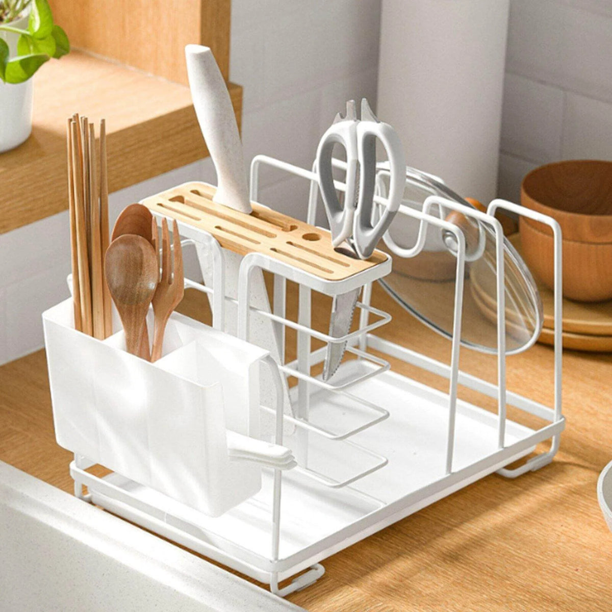 Utensil Holder Multi-Compartment With Drain Tray
